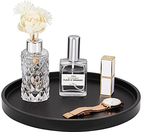 Emibele Bandeja Redondo Elegante, 27 cm Organizador Decorativo de Resina con Veta Mármol para Joyas Cosméticos Perfumes Adornos Baño Tocador Cocina Oficina, Negro Mate