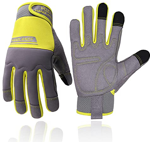HLDD HANDLANDY UltraLight Safety Work Gloves, Mens & Women Multi-Functional Work Gloves with Extensive Palm Protection, Mechanic Gardening Construction DIY Gloves with Touchscreen (Large, Yellow)
