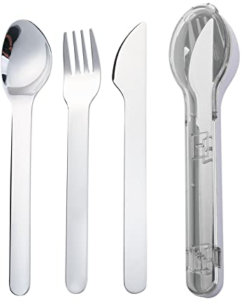 VANRA Stainless Steel Cutlery Set 3 Piece Portable Flatware Set Travel Cutlery Set Reusable Fork Spoon Knife Set with Case,Polised & Dishwasher Safe for School Party Picnic (Grey)