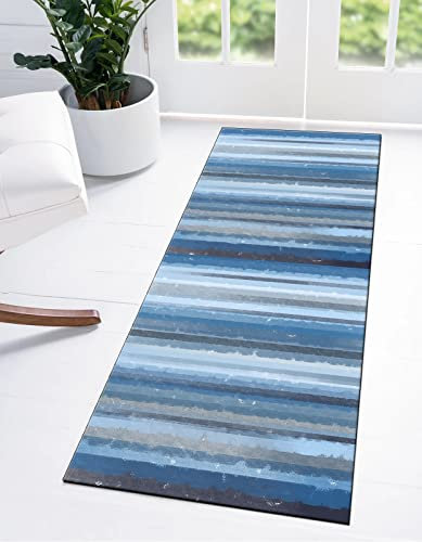 Ymural Teppich Läufer Flur Küche Blau Gestreift 70x180CM Teppichläufer rutschfest Meterware Waschbar Flurläufer Lang Polyester Küchenläufer für Korridor Schlafzimmer, Anpassbar