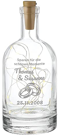 Beleuchtete Flasche aus Glas - mit LED Lichterkette - DIY Geschenkidee - Wohntrend - Geschenk für Paare, Hochzeitspaar, Ehepaar Motiv Sparen für die schönen Momente für im Innen- und Außenbereich