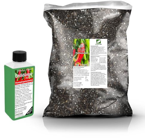 Umtopf - Set für Chili (Chilli) Peperoni Paprika und auch Tomaten - bestehend aus 10 Liter Spezial - Substrat und darauf abgestimmten Flüssigdünger NPK Volldünger (für Chilipflanzen)