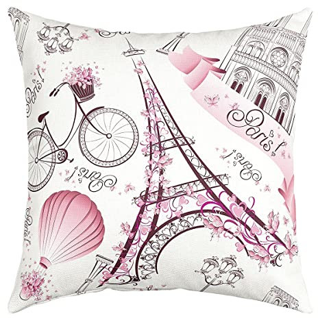 Homewish Eiffelturm Wurf Kissenbezüge 40x40 Set von 4 Rosa Floral Schlafzimmer Dekoration Romantisches Thema Paris Stadtbild Gedruckt Stilvolle Dekorative Kissenbezüge Für Mädchen Frauen