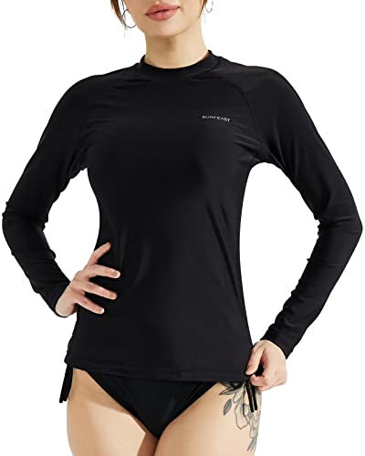 SURFEASY Womens Rash Vest Long Sleeve Ladies Sun Protection Swim Shirt Rash Guard Tops Swimsuit (Black,XL)