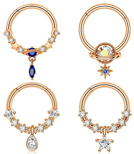 Longbeauty 4 Pcs Septum Ringe 16G Dangle Edelstahl 10MM Nasenringe Ohrringe mit CZ Segment Clicker Piercing, Rosegold