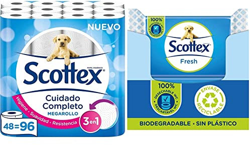 Scottex Megarollo Papel Higiénico - 48 rollos + Scottex Fresh Papel Higiénico Húmedo - 12 packs x 38 (456 unidades)
