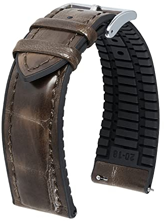 BINLUN Leder Uhrenarmband 22mm 21mm 20mm 19mm 18mm 16mm 14mm Alligator Muster Uhrenarmbänder für Herren Damen Ersatz Schnellverschluss Lederarmband Silikon Hybrid Uhrband(21mm,Braun Silber)