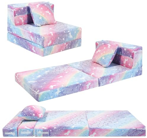 MeMoreCool Kids Floor Mattress, 8 in Glow Rainbow Unicorn Trifold Sofa Bed