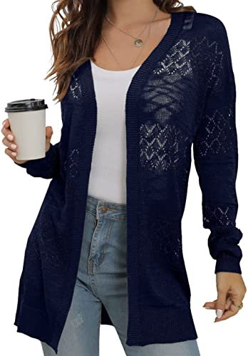 GRECERELLE Summer Cardigans for Women UK Lightweight Lace Hollow Out Knit Soft Long Sleeve Open Front Beach Coverups Ladies Solid Color Sun Protection (Navy Blue, M)