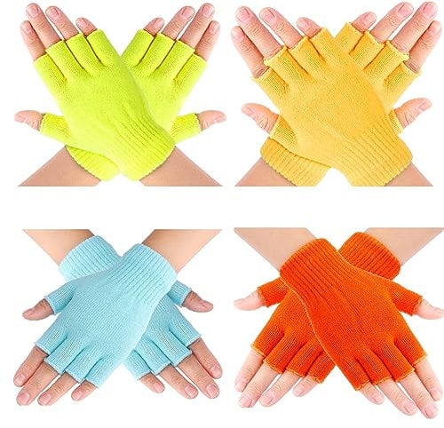 Yolev 4 Paar Fingerlose Handschuhe - Kurze Winter Strick Handschuhe für Herren und Damen - Universelle Elastische (Gelb, Orange, Blau, Fluoreszierendes Gelb)