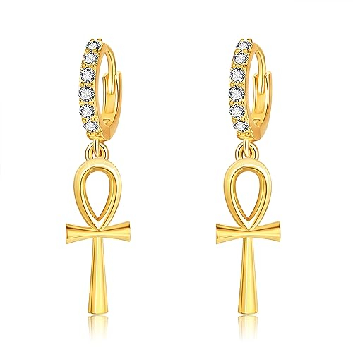 Ankh Ohrringe für Frauen Sterling Silber vergoldet ägyptischen Huggie Hoop Earrings Ankh Schmuck Geschenke für Frauen Mädchen Männer