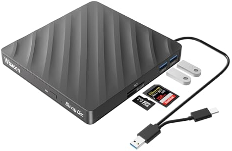 Wbacon 5 in 1 External Blu-ray Burner, USB 3.0 Type-C Slim Optical External Bluray DVD Burner with SD/TF Card Reader 2 USB 3.0 Hubs Compatible with Windows XP/7/8/10 MacOS MacBook Laptop and Desktop