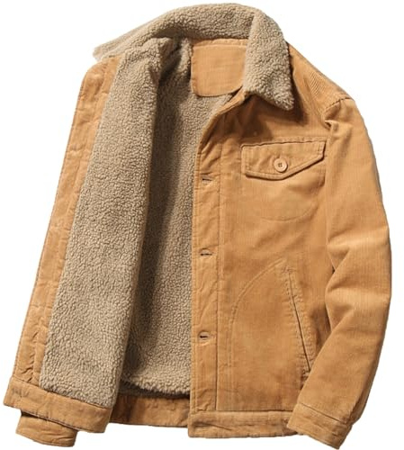 Juneyou Giacca da uomo in velluto a coste con colletto rialzato, foderato in sherpa, caldo cappotto con tasche