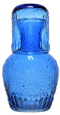 Crystal Nightstand with Tumbler Cup, Vintage Crystal Bedside Water Carafe and Glass Set Elegant Nightstand Decor for Storing Juice (Blue)