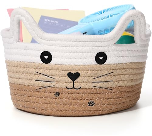 Zopeal Aufbewahrungskorb aus Baumwollseil mit Katzengesicht und -ohren, dekorativ, niedliches Geschenk, für Katzen- und Hundespielzeug, Kinderzimmer, Weiß-Khaki-Braun, ca. 21 x 12 cm