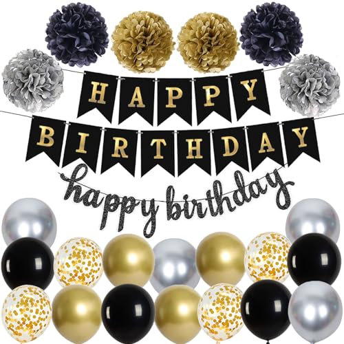 happy birthday decorazioni nero e oro festoni compleanno scritta happy birthday palloncini neroe oro pompon addobbi compleanno uomo