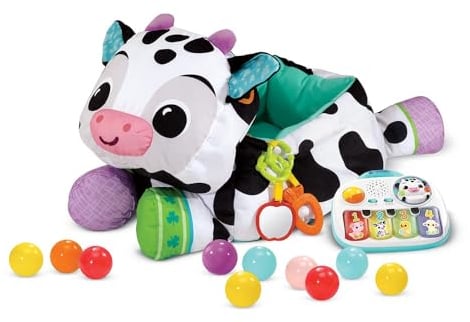 Maxi Peluche Piscine à Balles Musicale, Piscine à Balles Bébé 3 en 1, Peluche Géante Vache Sensorielle et Évolutive, Piano Lumineux, Hochets, Cadeau Bébé Dès 9 Mois - Contenu en Français