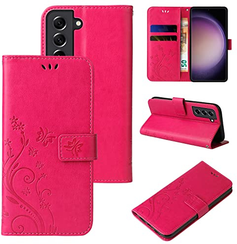 LBH Handy Hülle für Samsung Galaxy S23 FE Case Handytasche Schmetterling Blumen Flower Standfunktion Schutzhülle Magnet Rundum Schutz 360 Grad Flipcase Cover Pink