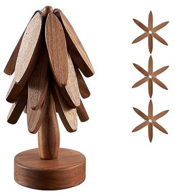 Wooden Trivets for Hot Dishes, Walnut Tree Shape Table Insulation Mat, Kitchen Collapsible Heat Resistant Pads for Hot Pots and Pans- 3 Wooden Trivet + 1 Stand