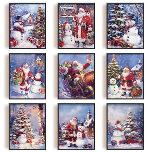 INFUNLY 9er Set Wandkunstdrucke Am Heiligabend Ungerahmt Weihnachtsmann Leinwandbilder Weihnachts Schneemann Wandkunst Winter Weihnachtsbaum Poster Kunst Wandposter 8x10 für Zuhause Schlafzimmer Wohnz