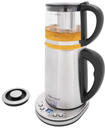1+2,5L Elektrischer Wasserkocher aus Glas & Edelstahl - Temperatur einstellbar mit Edelstahlsieb & Abschaltautomatik - Schnellkocher für Tee/Kaffee