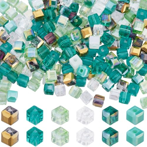 SUNNYCLUE 1 Box 300 Stück 6 Farben Quadratische Glasperlen Kristallwürfelperlen Großpackung 4mm Grün Transparent ab Farbig Plattiert Facettiert Lose Abstandslochperle Für Die Schmuckherstellung Armbä