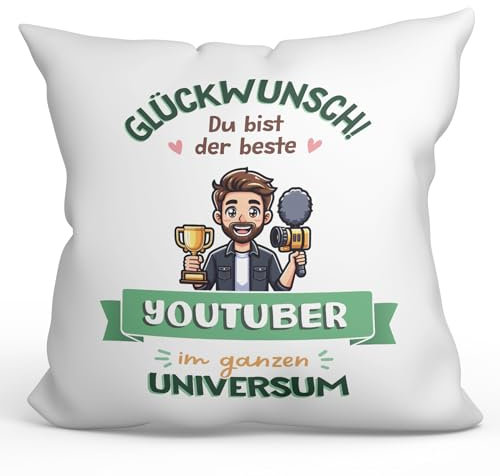 Mugffins Kissen mit Füllung mit Spruch für YOUTUBERIN Mann - Auf Deutsch - Bester im Universum, Trophäe - 40 x 40 cm - originelles und lustiges Geschenk Mitarbeiter