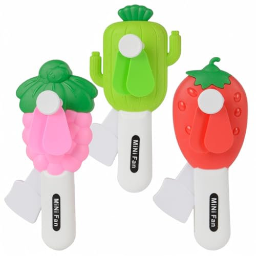 MIJOMA Set di 3 mini ventilatori senza batterie, azionamento meccanico manuale, cactus, fragola e lampone, altezza 15 cm, larghezza 7,5 cm, profondità 4 cm, perfetto per i viaggi e i bambini