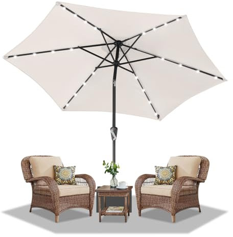 Daromigo Sonnenschirm LED Solar Ø 270 cm Beige mit Kurbel | Ampelschirm Gartenschirm Sonnenschutz 30° knickbar, UV Schutz 50+ | Kurbelschirm Marktschirm wasserdicht für Garten, ohne Ständer