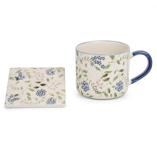 Tranquillo Tasse mit Untersetzer Set – für Kaffee und Tee im Vintage-Stil – Steinzeug 400 ml Vintage Garden Blue
