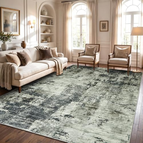 Aspire Homeware Washable Abstract Grey Rugs Living Room Large 160x230 cm Short Pile Area Rugs for Bedroom Dining Room, Soft Non Slip Carpet for Kids Room Traditional Vintage Design Boho Rug, Frost