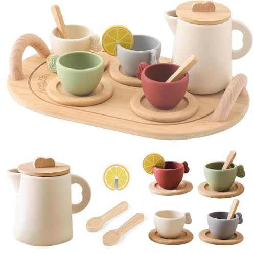 Wooden Afternoon Tea Set for KLittle Girls and Boys, Kids Play Kitchen Accessories Toy with Teapot Cups Carrying Tray Scoop, Pretend Play Wooden Toys for Girls Boys Gifts (13 pcs)