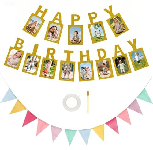 Happy Birthday Girlande mit 12 Dreiecksflaggen, Fotogirlande Gold aus Papier, Wimpelkette Mehrfarbige aus Imitiertem Leinen, Happy Birthday Banner Hängende für Geburtstag Deko, Partydekorationen