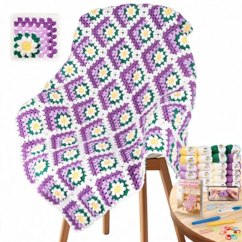 Coopay Granny Square Häkelset Anfänger,Häkelset Decke 3D mit Videoanleitung | Lila Häkel Set für Gänseblümchen Decke 3D, Komplett Häkel Set mit Schritt-für-Schritt Videoanleitung, Häkeln Lernen