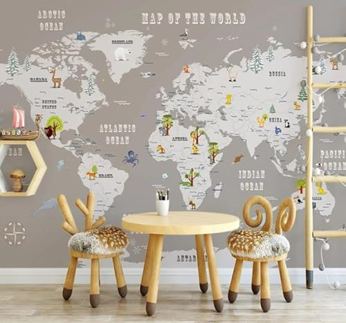 Cartoon Animals Trees Retro World Map 3D Wallpaper Easy Install Feature Office Living Room Sofa Bedroom TV Background Wall Decoration-250cm×170cm