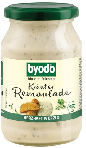 Byodo Bio Kräuter Remoulade I 1 x 250ml im Glas I Feinkost-Dip | Sauce mit 24% Gurkenstückchen & nur 50% Fett I Würzige Beilage für Fisch, gegrilltes Fleisch, Sandwiches & Salatsaucen