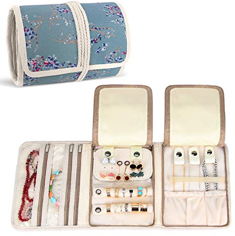 Teamoy Gioielli Rotolo, Organizzatore Portagioie per i bracciali, collane, Orecchini, Materiale in Velluto, Nero (Dimensioni piegate: L20.3 x W16 x H2.5cm, Plum Flowers)