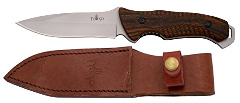 THIRD Cuchillo de Caza H0738RD, con Hoja de Acero de 12,5 cm Acabado Satinado, Mango de pakkawood. Incluye Funda de Piel.