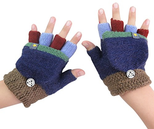 Fäustlinge mit Knopf Klappe Fingerlose Handschuhe für Kinder Winter Warm Strickhandschuhe Winterhandschuhe in Affe Optik, Blau, Einheitsgröße