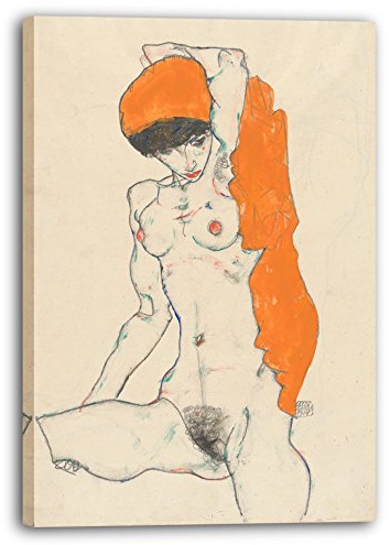 Printed Paintings Leinwand (70x100cm): Egon Schiele - Stehender Akt mit orangenen Drapierungen