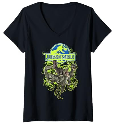 Womens Jurassic World Raptor Group Lime Green Logo V-Neck T-Shirt