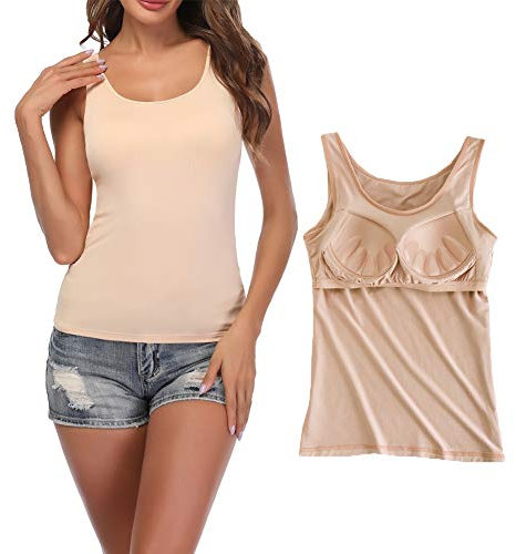 STARBILD Damen BH Hemdchen ohne bügel Unterhemd Basic U-Ausschnitt Eingebauter BH Gepolstert Tanktops für schlafen und Sport, Beige L