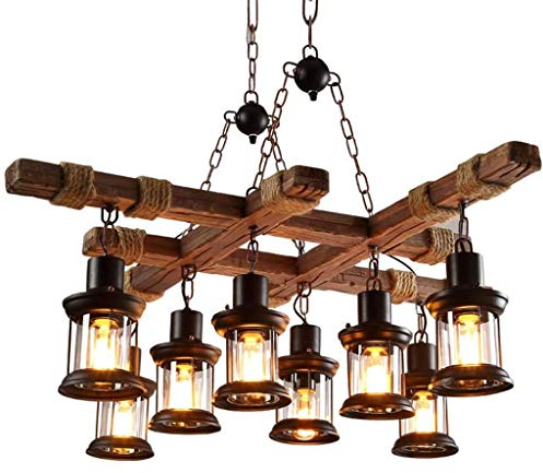 Retro Pendelleuchte Holz Metall Hängelampe E27 8 Flammen Vintage Pendellampe Schwarz Höhenverstellbare Industrielle Deckenleuchte Beleuchtung Esszimmer Wohnzimmer Küche Café Dekoration Hängeleuchten