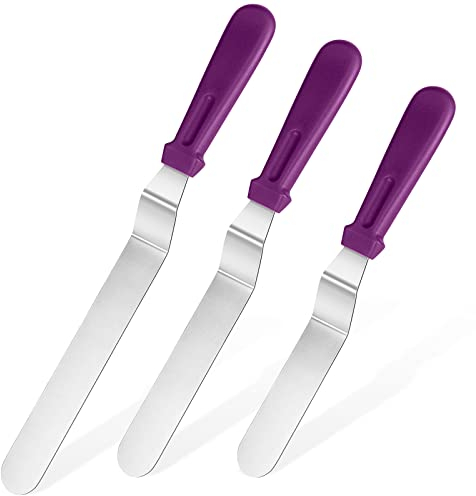 U-Taste Spatule Coudee Patisserie Lot de 3, Glaçage Gâteaux Spatule Décalée en Acier Inoxydable 18/0 avec Poignée en Plastique PP, Lame de 15 cm/20 cm/25 cm (Violet)