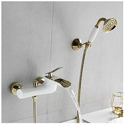 GLYYR Cascade Robinet De Baignoire avec Douchette À Main Laiton Mural Blanc Et Or Baignoire Mitigeur pour Salle De Bain