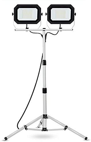 UFOND 20000 Lumen Work Lights with Stand, 200W Dual Head LED Work Light, Waterproof Lamp with Individual Switch, Adjustable Metal Telescoping Tripod 10Ft Power Cord