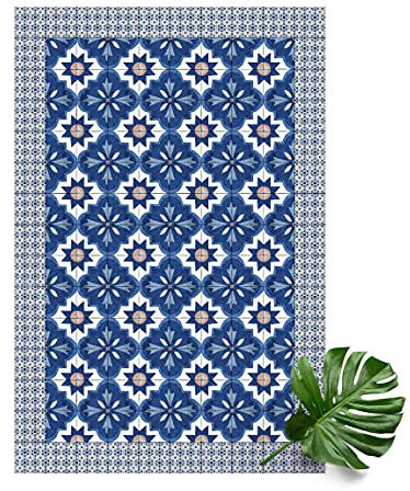 Bilderwelten Vinyl-Teppich - Marokkanische Fliesen Aquarellblumen mit Fliesenrahmen, 150 × 100 cm, Vinyl