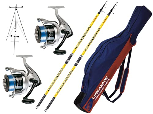 Kit Surfcasting 2Pz Canna Vektor 4 m 150 Gr + 2 Pz Mulinello Dayton 8000 + Tripode Surfcasting 2 posti in Alluminio 150 cm + Fodero Lineaeffe 175 cm