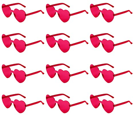 KINBOM 12 Stück Herzförmige Randlose Sonnenbrille, Liebesherz Transparent Getönte Sonnenbrille Rahmenlose Bonbonfarben Brille für Frauen Party Cosplay (Rot)