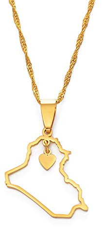 MTCDBD Irak-Karte-Halskette Für Unisex-Schmuck, Irak-Karte-Anhänger Mit Herz-Party-Kleid-Accessoires Im Ethno-Stil, Patriotisches Symbol-Halsketten-Geschenk, Gold, 45 cm Kette